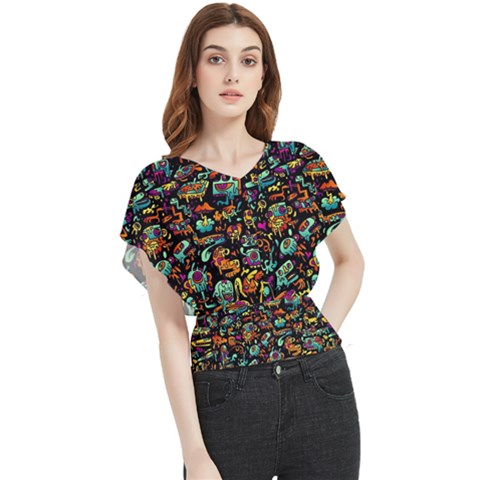 Multicolored Doodle Abstract Colorful Multi Colored Butterfly Chiffon Blouse by Grandong