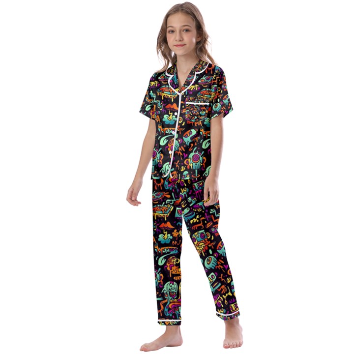 Multicolored Doodle Abstract Colorful Multi Colored Kids  Satin Short Sleeve Pajamas Set