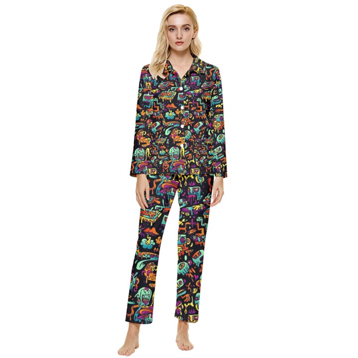 Multicolored Doodle Abstract Colorful Multi Colored Womens  Long Sleeve Velvet Pocket Pajamas Set