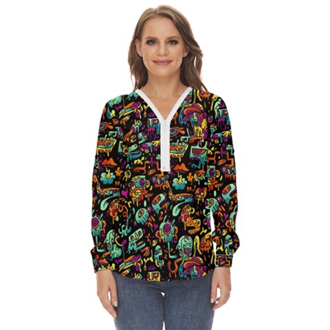 Multicolored Doodle Abstract Colorful Multi Colored Zip Up Long Sleeve Blouse by Grandong