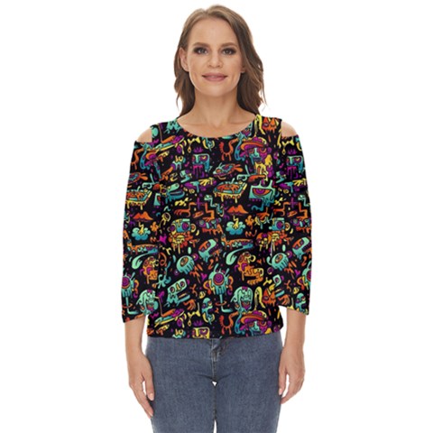 Multicolored Doodle Abstract Colorful Multi Colored Cut Out Wide Sleeve Top by Grandong