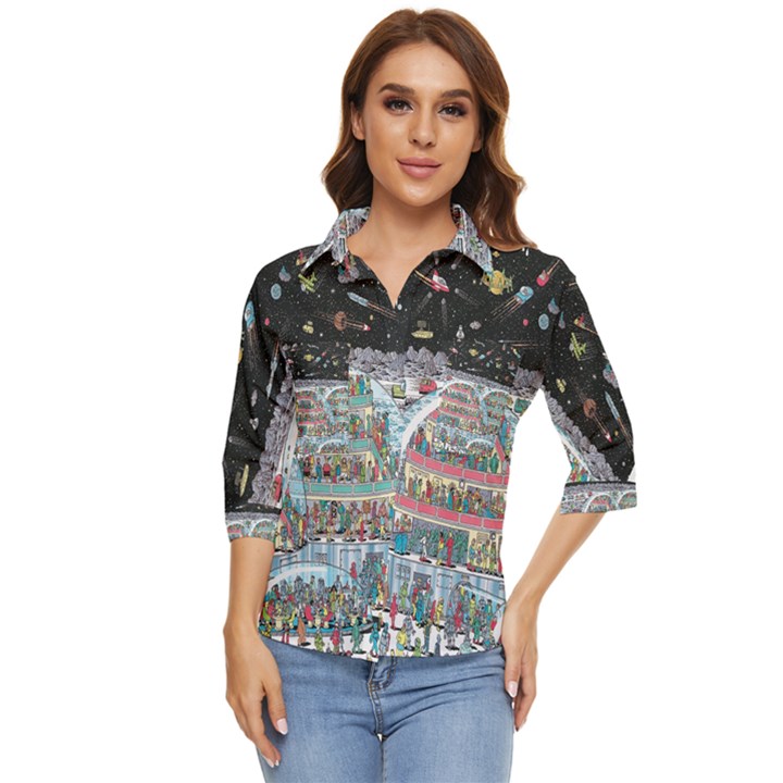 Abstract Painting Space Cartoon Women s Quarter Sleeve Pocket Shirt