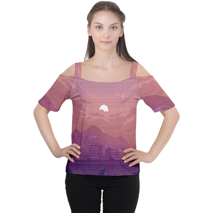 Aesthetic Pixel Art Landscape Cutout Shoulder T-Shirt