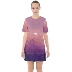 Aesthetic Pixel Art Landscape Sixties Short Sleeve Mini Dress by Sarkoni