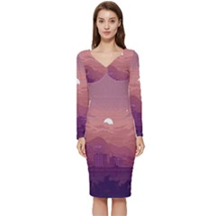 Aesthetic Pixel Art Landscape Long Sleeve V-neck Bodycon Dress  by Sarkoni