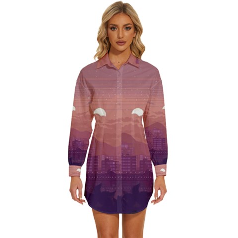 Aesthetic Pixel Art Landscape Womens Long Sleeve Shirt Dress by Sarkoni