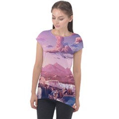 Aesthetic Landscape Vintage Cartoon Cap Sleeve High Low Top