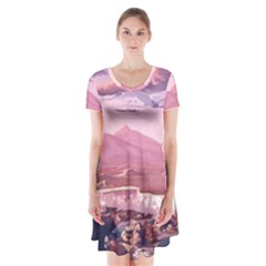 Aesthetic Landscape Vintage Cartoon Short Sleeve V-neck Flare Dress