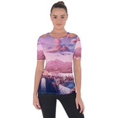 Aesthetic Landscape Vintage Cartoon Shoulder Cut Out Short Sleeve Top