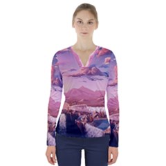 Aesthetic Landscape Vintage Cartoon V-neck Long Sleeve Top by Sarkoni