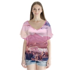 Aesthetic Landscape Vintage Cartoon V-Neck Flutter Sleeve Top