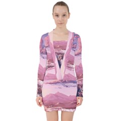 Aesthetic Landscape Vintage Cartoon V-neck Bodycon Long Sleeve Dress by Sarkoni