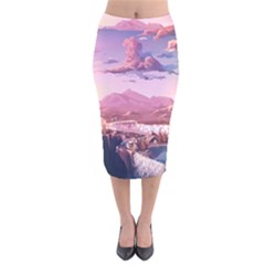 Aesthetic Landscape Vintage Cartoon Velvet Midi Pencil Skirt