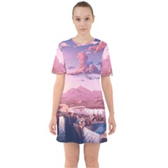 Aesthetic Landscape Vintage Cartoon Sixties Short Sleeve Mini Dress