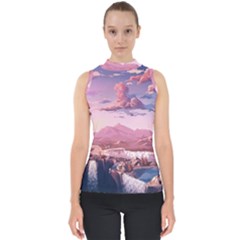 Aesthetic Landscape Vintage Cartoon Mock Neck Shell Top