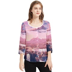 Aesthetic Landscape Vintage Cartoon Chiffon Quarter Sleeve Blouse