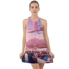 Aesthetic Landscape Vintage Cartoon Halter Tie Back Chiffon Dress