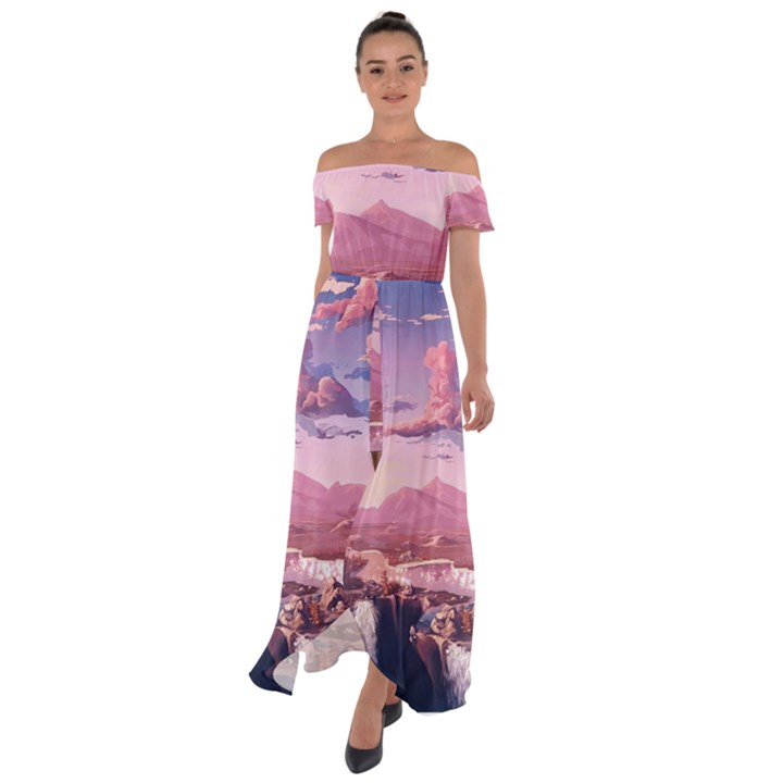 Aesthetic Landscape Vintage Cartoon Off Shoulder Open Front Chiffon Dress