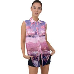 Aesthetic Landscape Vintage Cartoon Sleeveless Chiffon Button Shirt