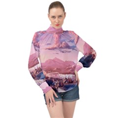 Aesthetic Landscape Vintage Cartoon High Neck Long Sleeve Chiffon Top by Sarkoni