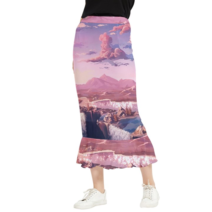 Aesthetic Landscape Vintage Cartoon Maxi Fishtail Chiffon Skirt