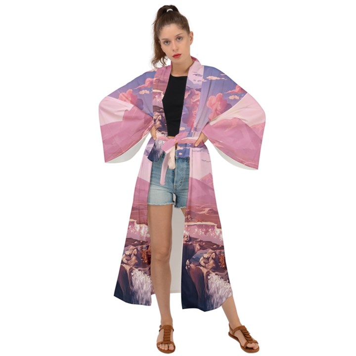 Aesthetic Landscape Vintage Cartoon Maxi Kimono