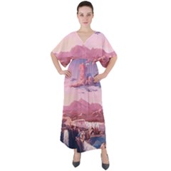 Aesthetic Landscape Vintage Cartoon V-Neck Boho Style Maxi Dress