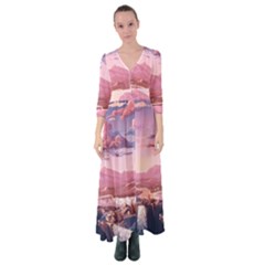 Aesthetic Landscape Vintage Cartoon Button Up Maxi Dress