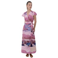 Aesthetic Landscape Vintage Cartoon Flutter Sleeve Maxi Dress