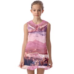 Aesthetic Landscape Vintage Cartoon Kids  Pilgrim Collar Ruffle Hem Dress