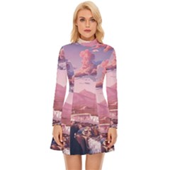 Aesthetic Landscape Vintage Cartoon Long Sleeve Velour Longline Dress