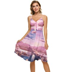 Aesthetic Landscape Vintage Cartoon Sleeveless Tie Front Chiffon Dress