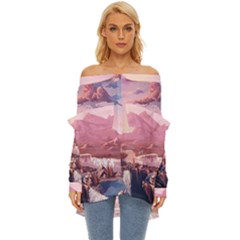 Aesthetic Landscape Vintage Cartoon Off Shoulder Chiffon Pocket Shirt