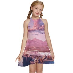 Aesthetic Landscape Vintage Cartoon Kids  Halter Collar Waist Tie Chiffon Dress