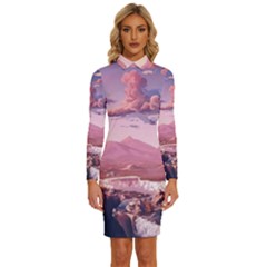 Aesthetic Landscape Vintage Cartoon Long Sleeve Shirt Collar Bodycon Dress