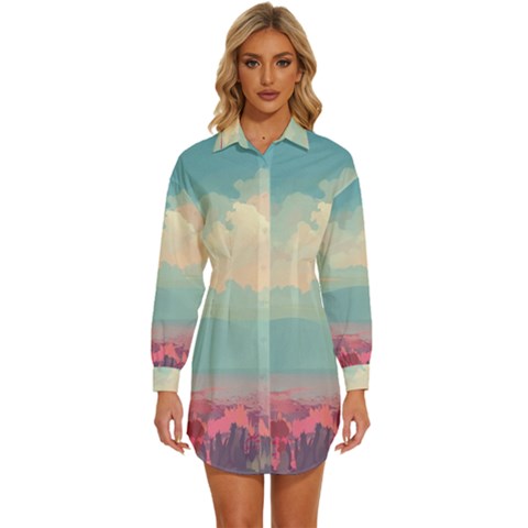 Anime Landscape Womens Long Sleeve Shirt Dress by Sarkoni