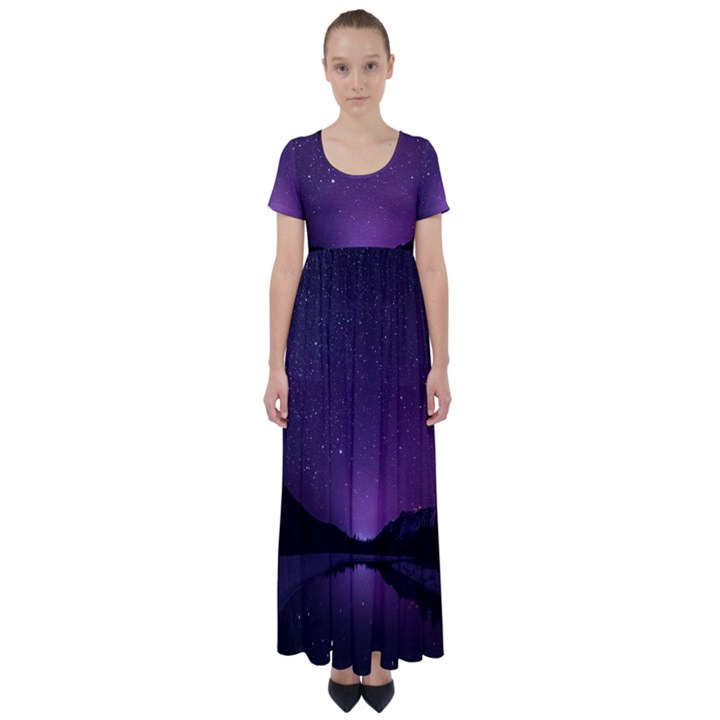 Dark Purple Aesthetic Landscape High Waist Short Sleeve Maxi Dress