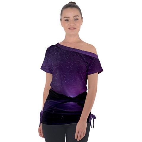 Dark Purple Aesthetic Landscape Off Shoulder Tie-up T-shirt by Sarkoni