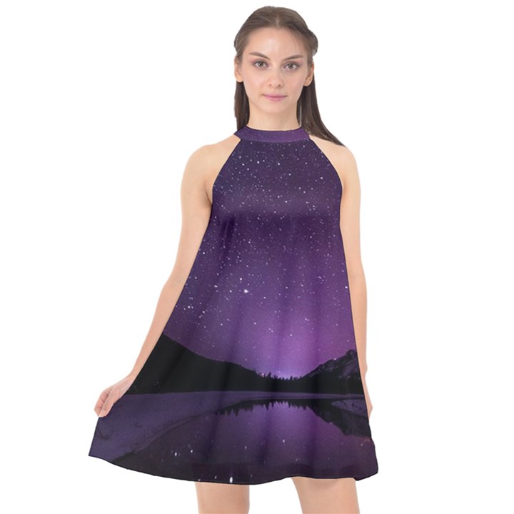 Dark Purple Aesthetic Landscape Halter Neckline Chiffon Dress 