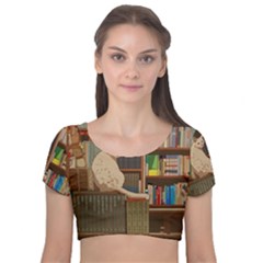 Library Aesthetic Velvet Short Sleeve Crop Top  by Sarkoni