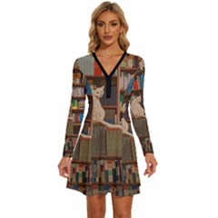 Library Aesthetic Long Sleeve Deep V Mini Dress  by Sarkoni