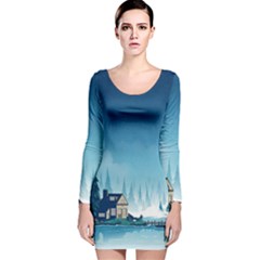 Winter Scenery Minimalist Night Landscape Long Sleeve Velvet Bodycon Dress