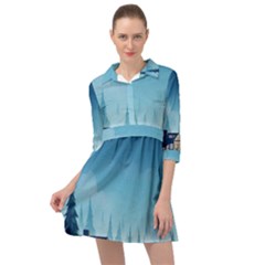 Winter Scenery Minimalist Night Landscape Mini Skater Shirt Dress by Sarkoni