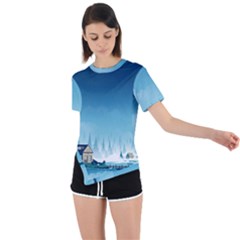 Winter Scenery Minimalist Night Landscape Asymmetrical Short Sleeve Sports T-shirt by Sarkoni