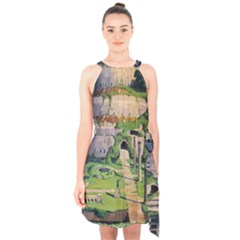 Painting Scenery Halter Collar Waist Tie Chiffon Dress by Sarkoni