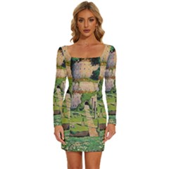 Painting Scenery Long Sleeve Square Neck Bodycon Velvet Dress by Sarkoni