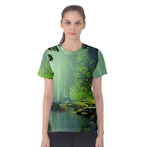 Trees Forest Artwork Nature Beautiful Landscape Women s Cotton T-shirt by Sarkoni