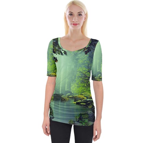 Trees Forest Artwork Nature Beautiful Landscape Wide Neckline T-shirt by Sarkoni