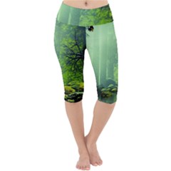 Trees Forest Artwork Nature Beautiful Landscape Lightweight Velour Cropped Yoga Leggings by Sarkoni