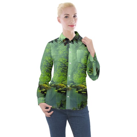 Trees Forest Artwork Nature Beautiful Landscape Women s Long Sleeve Pocket Shirt by Sarkoni